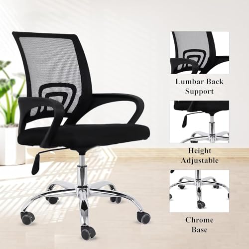 Image of NORMAN JR, Ergonomic Desk Chair Mesh Computer Chair with Lumbar Support Armrest Executive Rolling Swivel Adjustable Mid Back Chair - Solid Black & Black Handle