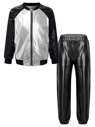 YEAHDOR Girls Boy's Hip-hop Jazz Performance Costume Shiny Metallic Bomber Jacket and Pants Set Street Dance Outfits Silver&Black 10 Years