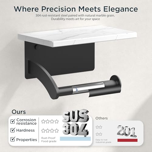 FORIOUS Toilet Paper Holder with Phone Shelf, Natural Marble Wall Mount Tissue Roll Holder for Bathroom, Washroom, 304 Stainless Steel Commercial Toilet Tissue Dispensers with Shelf, Matte Black by FORIOUS - Used condition - Image 7