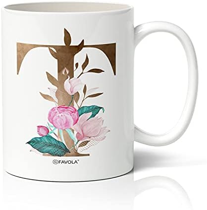 FAVOLA Ceramic Alphabet T Letter Floral Coffee Mug - 1 Piece, White, 350ml
