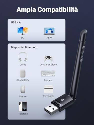 UGREEN Adattatore Bluetooth 5.3 USB Antenna per PC...