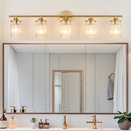 Image of Jonsi Gold Bathroom Light Fixtures 5-Light Vanity Lights Modern Wall Sconce with Clear Glass Shade Brushed Brass Bathroom Light Fixture Over Mirror for Bedroom Hallway Kitchen