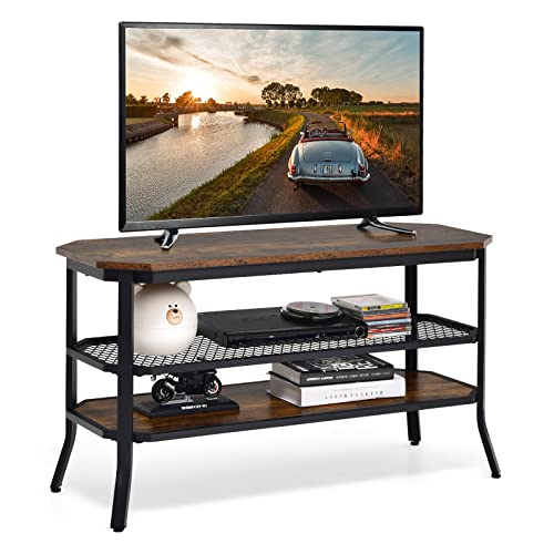 Tangkula TV Stand for TVs up to 46 Inch, 3-Tier Industrial Wooden Console Table with Mesh Grid Storage Shelf, Metal Frame, Rustic Entertainment Center for Living Room (Rustic Brown)