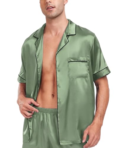 Image of SWOMOG Men Satin Silk Pajamas Sets Short Sleeve Sleepwear Button-Down PJs Sets Two-Pieces Loungewear with Pockets