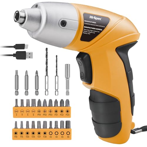 Hi-Spec 27 Piece Yellow 3.6V USB Cordless Power Electric Screwdriver Set. Rechargeable Battery Screwdriving with 23 Popular Bit Sizes for The Home & Office