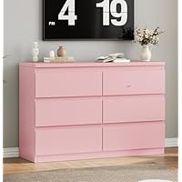 Jocoevol Modern Pink 6 Drawer Dresser - Simply Chest of Drawers for Bedroom, Closet, Living Room, Hallway, Entryway, Wood Storage Double Dresser with Smooth Metal Rails - Pink
