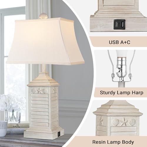 Hamucd STR-DL-0116 Coastal Table Lamps Set Of 2, Beach Living Lamps For Bedroom With Usb A+C, Washed White Modern Resin Led 3-Color Temperature Bedside Nautical Decor thumb #4