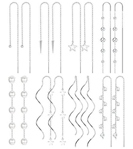 HAIAISO 8 Pairs Threader Dangle Earrings for Women 316L Stainless Steel Chain Tassel Earring Lightweight Double Twist Wave Threader Drop Earring Long Chain Earrings Set
