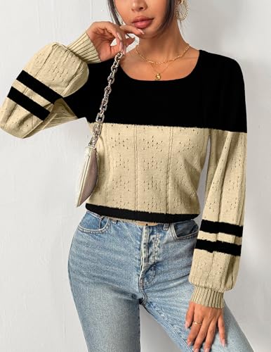 HOTOUCH Sweaters for Women 2025 Fall Trendy Tops Casual Puff Sleeve Square Neck Cute Tunic Pullover Blouses XS-XXL2