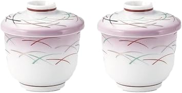 Japanese Mino Ware Ceramic Chawan-mushi Cups with Lid, Lines Pattern, Set of 2,TG16809