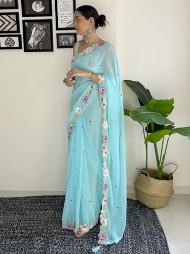 Image of AKHILAM Women's Multicolor Georgette Embroidered Saree with Unstitched Blouse Piece(KESARI7801 KR Parent)