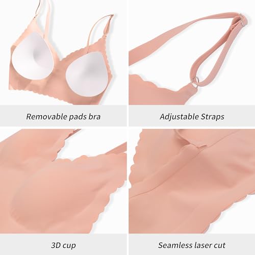 Image of DEANGELMON V Neck Bra Padded Seamless Adjustable Straps Bralettes Everyday Basic Sleeping Bras Multiple Pack