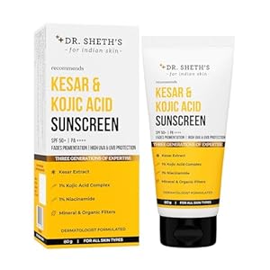 Dr. Sheth’s Kesar & Kojic Acid Sunscreen For All Skin Types SPF 50+ Pa++++ For Pigmentation-Free Skin|High UV-A & UV-B Protection|No White Cast & Lightweight For Daily Moisturization|Men & Women|80g