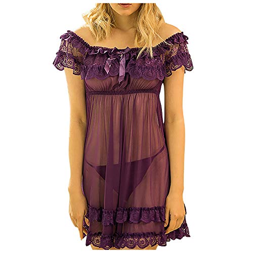 Women's Sexy Nightdress Ruffle Lace Sleepwear Mesh Sheer Pajamas Strapless Lingerie Satin Bowknot Purple