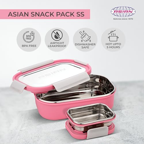 Image of Asian Plastowares - Snack Pack SS Lunch Box | Tiffin Box - Leak-Proof, Airtight | Lunch Box for Kids & Adults | Durable & Spill-Free School, Office, and College Tiffin | Bright Pink