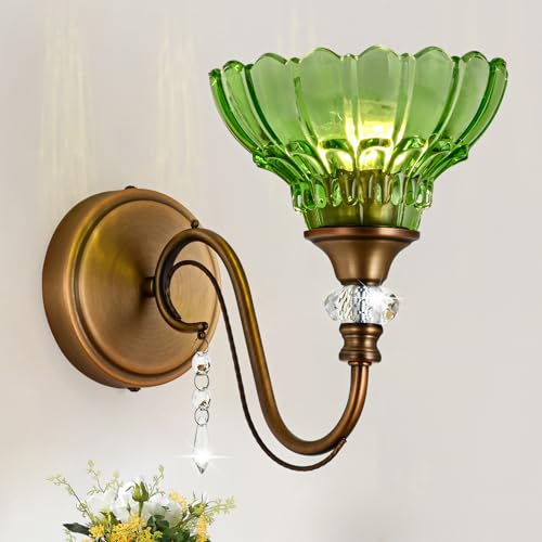 Image of 1 Piece Vintage Wall Sconce, 1-Light Matte Antique Brass Finish Wall Sconce with Hanging Crystal Accents and Flower-Shaped Green Shades for Bathroom Bedroom Living Room,Vintage Vanity Light