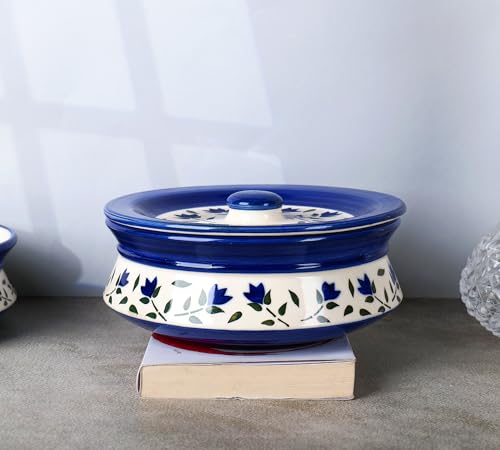 Image of Niyara Premium Ceramic Casserole /Donga Set with Lids - Handcrafted Serving Bowls for Hot Food, Microwave & Dishwasher Safe - Set of 3, Sizes: 1000ML, 650ML, 550ML (Blue leaf design)