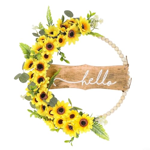 Corona de girasol y eucalipto texturizado con letrero de madera artesanal 2