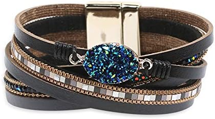 Artilady Leather Wrap Bracelet for Women - Handmade Clasp Bangle Bracelet with Pearl Druzy Crystal Wristbands Jewelry Gift for Sisters, Teen Girls and Mother