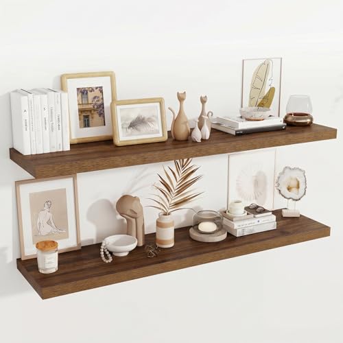 Image of Fun Memories 12 Deep Floating Shelves for Wall, 55W x 12D Extra Large Floating Shelves Set of 2, Hanging Wood Wall Shelves for Living Room, Kitchen, Bedroom, Farmhouse, Laundry Room, Office - Walnut