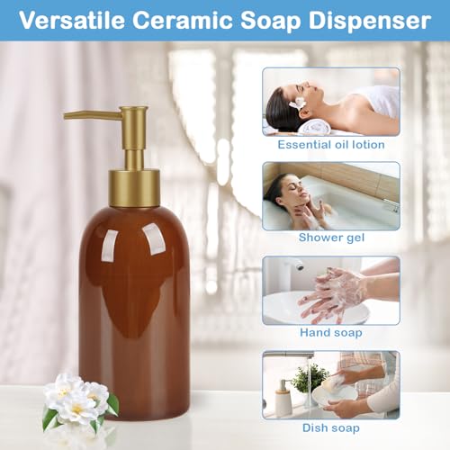 Image of Natheeph 14OZ Ceramic Soap Dispenser Can Fill Liquid for Bathroom, Kitchen | Refillable Hand Soap Dish Soap,Detergent for Kitchen, Bathroom, Soap Pump Dispenser Bottle, Ceramic (Amber)