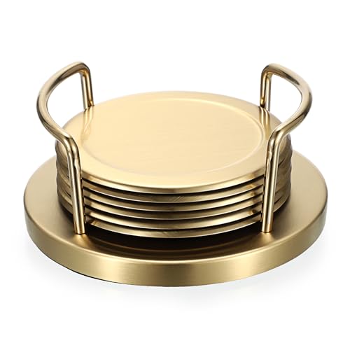 JUXYES Set of 6 Stainless Steel Metal Round Coaster with Holder for Drinks