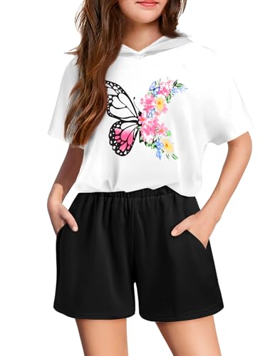 Image of Girls Summer Outfits Kids Hooded-Shirts and Elastic Waist Shorts Sets | short sleeve drop shoulder hooded shirt and shorts with two pockets tie dye leopard letter