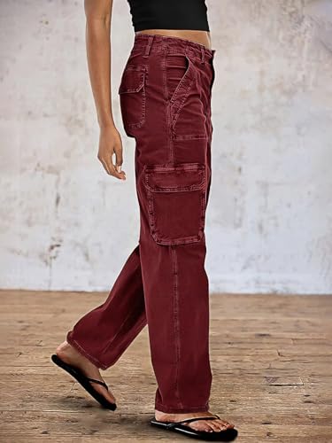 Flamingals Straight Leg Pants for Women Mid Rise Casual Vintage Patch Pockets Solid Pants2