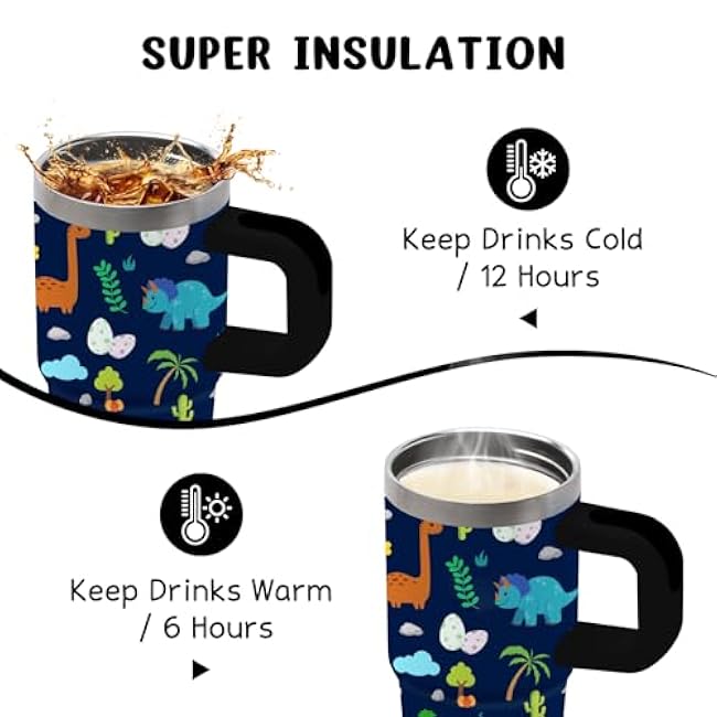 Dinosaur Tumbler with Handle and Straw for Kids 14 Oz, Insulated Stainless Steel Dinosaur Mug Cup, Birthday Gifts for Toddler Little Boys Girls
