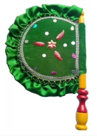 Image of [Mother's Day Gift] Handmade and Decorative Green Hand Fan with Wooden Handle for Cool Air, Home Dcor and Travel Use Shadi ka Pankha /Vinjano /Pankhi - Return Gift