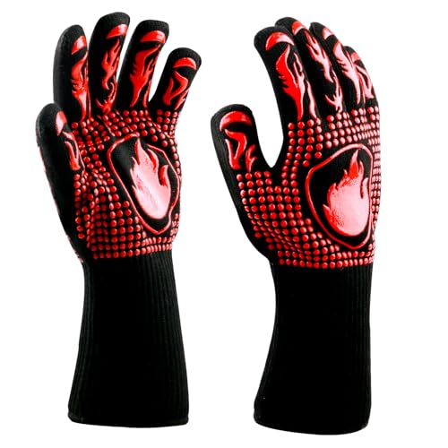 BBQ Gloves, 800°C / 1472°F Extreme Heat Resistant Oven Gloves Fire and Heat Resistant Mitts Silicone Non-Slip Grilling Cooking Gloves for Barbecue Baking Welding Camping Pot Holder Heat Press