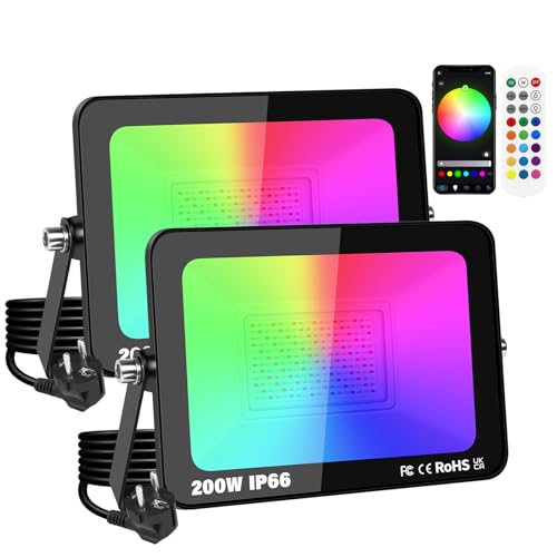 YOJZMA 2 piezas 200W LED para exteriores con enchufe EU, iluminación paisajística RGB con cambio de color y escenas personalizables, control por APP, IP66 resistente al agua, para jardines, patios