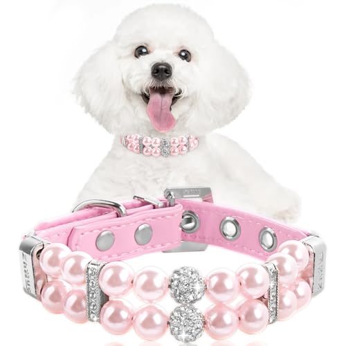 Image of HOWWFALY Dog Cat Pearl Collars with Crystal Rhinestone PU Leather Collars Necklace Adjustable CollarDog Chain Cat White Pearl Pet Collar(Pink, Small)
