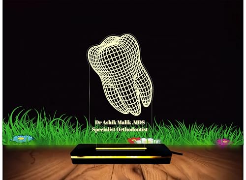 Image of PRINTKART Doctors Name and Designation Personalised LED 3D Illusion Lamp Gift for Doctor Laser Cut Acrylic Transparent Material 6 x 4 Inches, Dentist Tooth with Wooden Base