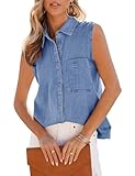 PRETTODAY Women's V Neck Denim Tank Top Button Down Sleeveless Shirts Collared Casual Blouse Tops