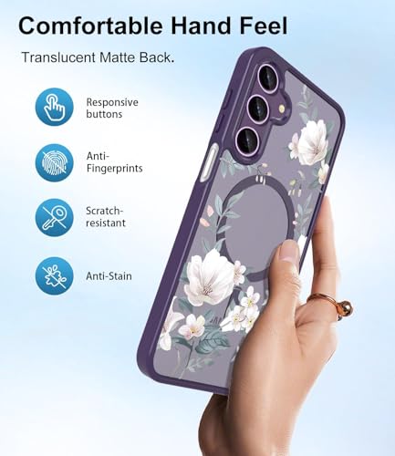 Image of VONZEE Compatible with Samsung Galaxy S25 Plus 5G Case Luxury Retro Flowers Floral Clear for Magnetic Wireless Charging Case Shockproof Case PC+TPU Cute Glossy Shiny Cover for Girls Women, Deep Purple