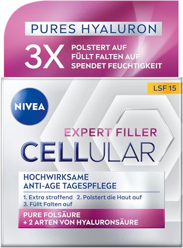 NIVEA Cellular Expert Filler - Crema de día antiedad muy eficaz SPF 15, cuidado facial extra reafirmante con efecto de relleno, crema de día con ácido hialurónico y protección solar (50 ml)