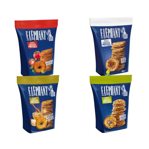 Elephant Juego de 4 degustación mezcla de aperitivos – El sabor se une a la originalidad 'Elephant Baked Squeezed Pretzels', variedad de aperitivos Deluxe 300 g Knuspermix para noches de televisión