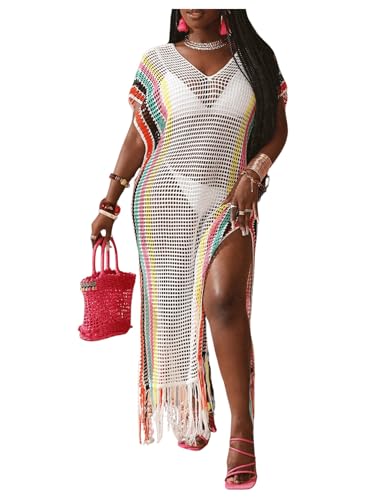 Verdusa Women's Colorful Boho Tassel Hobo Beach Cover Ups Swimsuit Split Thigh Striped Long Kimonos