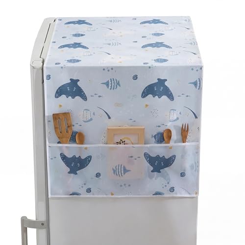 Image of Refrigerator Top Cover,PEVA Waterproof Washable Fridge Cover Double Door & Single Door Protection, Durable Dust & Stain Resistant,130x55 CMS,Blue Fish