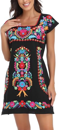 Image of YZXDORWJ Women Mexican Embroidered Dress Ruffle Collar Sleeveless