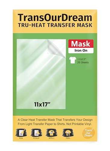 TransOurDream Tru-Heat Transfer Mask for Light T Shirts Transfer Paper (20 Sheets, 11"x17") Clear Iron on Transfer Tape for Printable HTV Vinyl (TAPL-20)