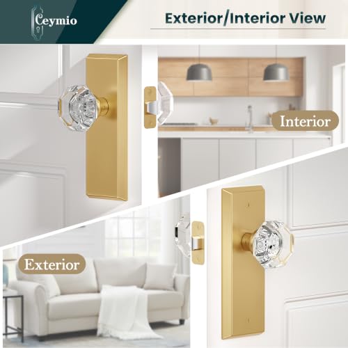 Image of Antique Crystal Passage Door Knobs Interior Non-Locking, Brushed Gold
