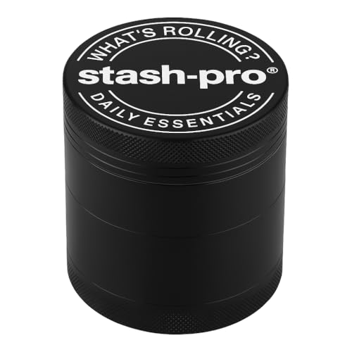 Image of Stash-Pro Premium 63mm Herb Grinder for Dry Herbs & Spices - 4-Piece Aluminum Crusher with Pollen Catcher, Unique Blade Design, Storage Chamber & Mesh Filter - Sleek Black Finish