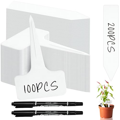 300 Stück Pflanzenschilder aus Kunststoff Pflanzenschilder zum Beschriften Pflanzschilder für Draußen Wetterfest für Kräuter Gemüse Blumen 200× Pfeilform & 100× T-Form mit 2 schwarzen Markern