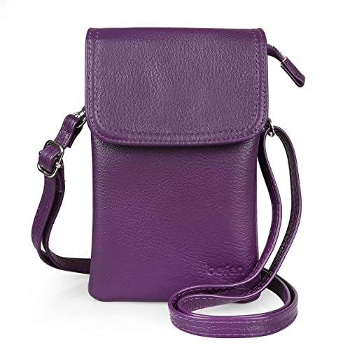 befen Genuine Leather Phone Bag, Crossbody Cellphone Purse Wallet, Small Cross Body Phone Bag for Women Mini Shoulder Bags with Long Strap and Key Ring (Purple【genuine Leather + Key Ring】)