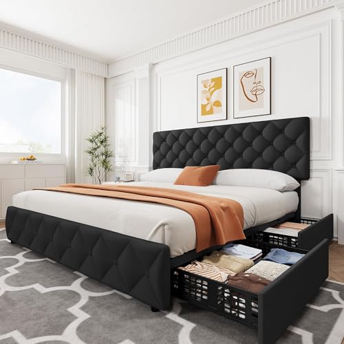 GarveeHome King Size Bed Frame with 4 Storage Drawers and Adjustable Headboard, Linen Upholstered Platform Beds, Diamond Stitched Button Tufted, No Box Spring Needed, Black