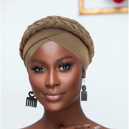 Image of DRESHOW African Women Turban Caps Beanie Twist Headscarf Pre-Tied Double Twisted Braid Hair Cover Wrap Hat Chemo Cancer Cap