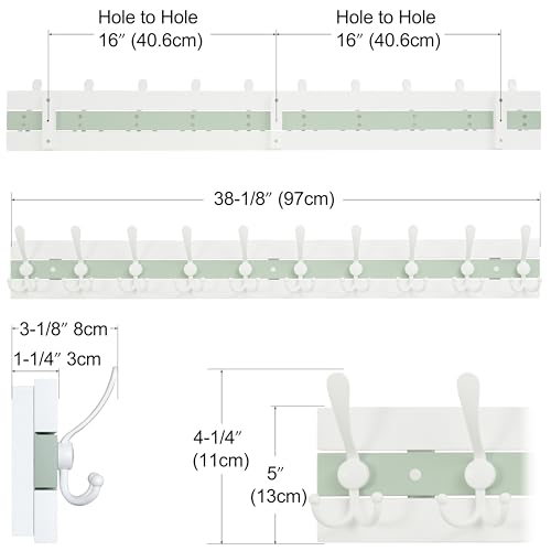 Image of SKOLOO Coastal Wall Mounted Coat Rack - 38-1 /8 inch Beach House Entryway Wooden Coat Hook with 10 Hooks for Hanging Coats, Hats or Towels, Oceanfront Cottage Core Collection, White & Green