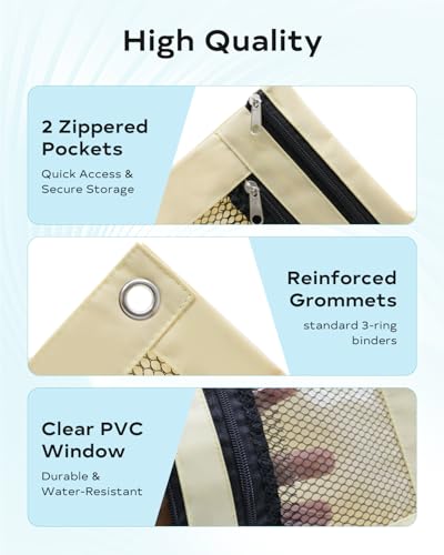 Image of Pencil Pouch for 3 Ring Binder - 3 Hole Zipper Pen Case Bag Holder Bulk Accessories Clear Window Aesthetic Organizer Pockets